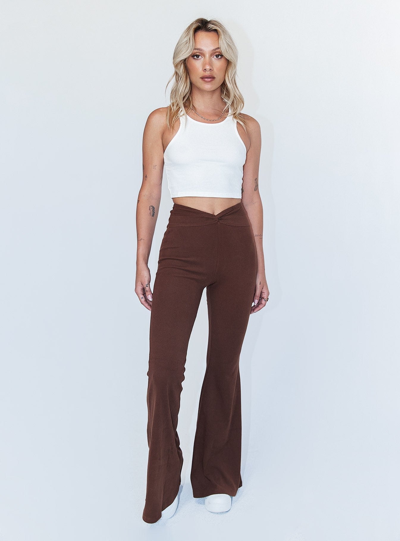 front view of model wearing Princess Polly Carolina Pants Brown 