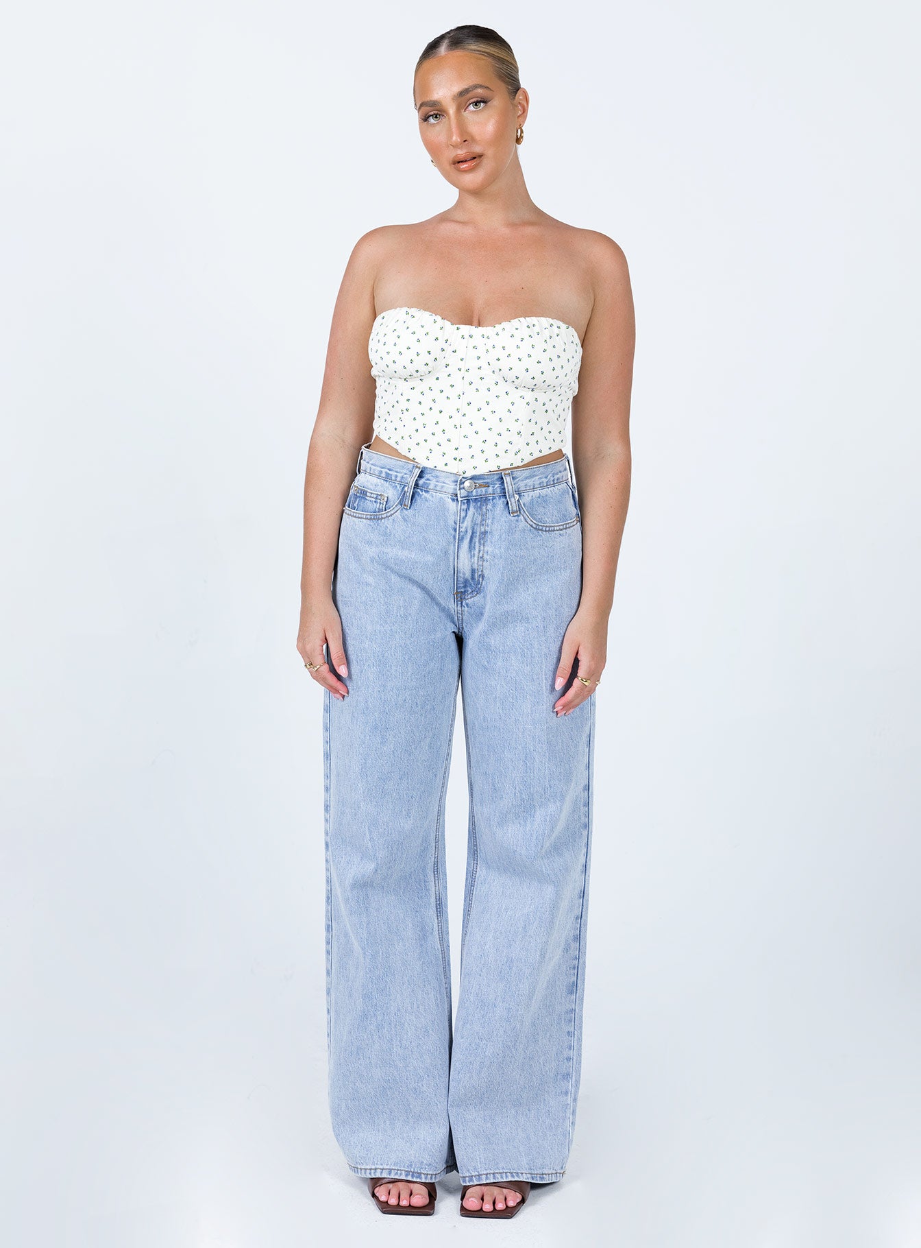 front view of model wearing Princess Polly Roslin Top White 