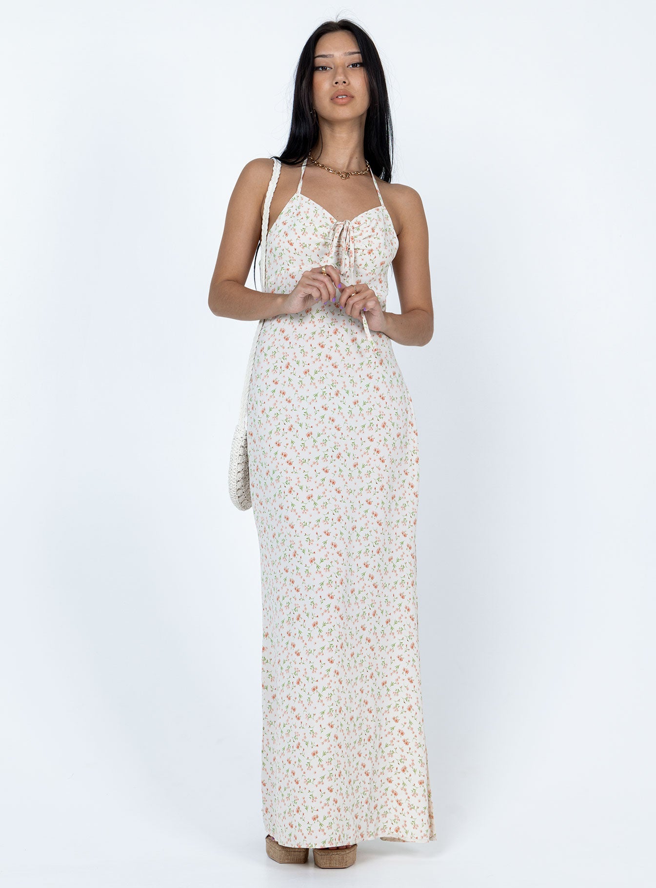 Front view of model wearing  front Princess Polly Square Neck  Delilah Maxi Dress White Multi