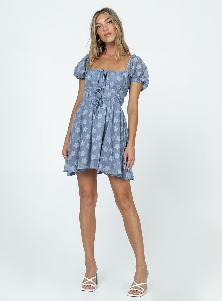 Front view of model wearing  front Princess Polly Square Neck  Kenny Mini Dress Blue