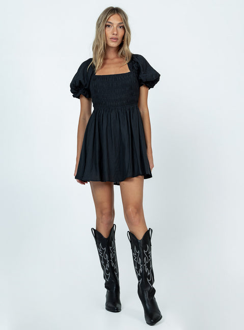 Front view of model wearing  front Princess Polly High Neck  Dani Mini Dress Black