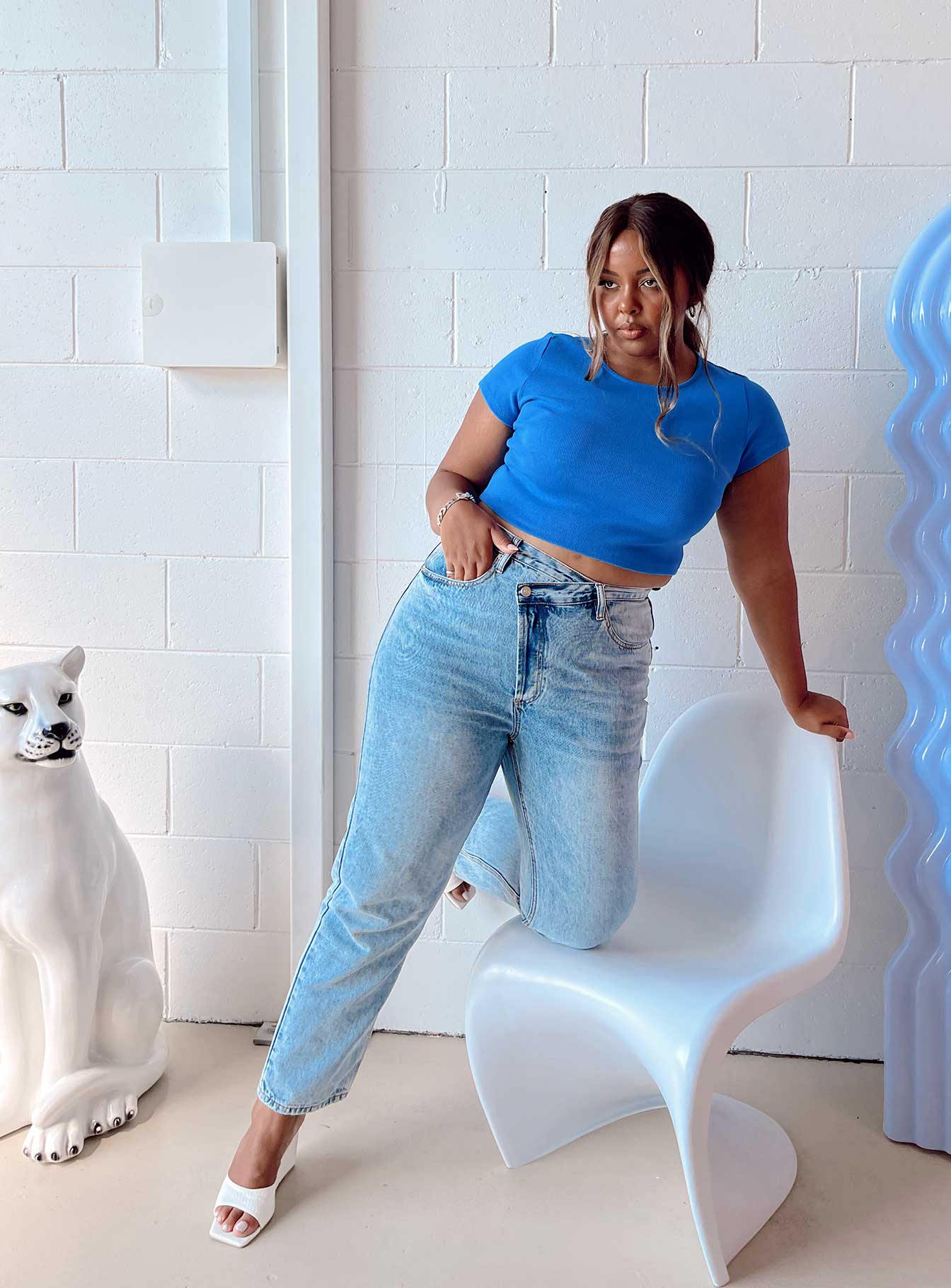 front view of model wearing Princess Polly Classic Crop Tee Blue Curve Short Sleeves Crew Neck 