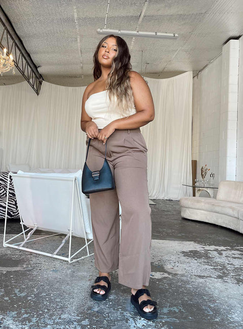 Front view of model wearing  front Princess Polly Sleeveless Crew Neck  Rosehill Strapless Top Beige Curve