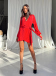 Front view of model wearing  front Princess Polly High Neck  Party Time Mini Dress Red