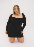 front view of model wearing Princess Polly Nolan Mini Dress Black Curve Square Neck 