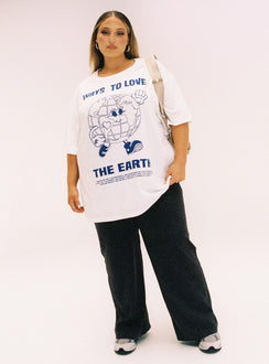Front view of model wearing  front Princess Polly Three Fourth Sleeves Square Neck  Organic Love The Earth Oversized Tee White Curve