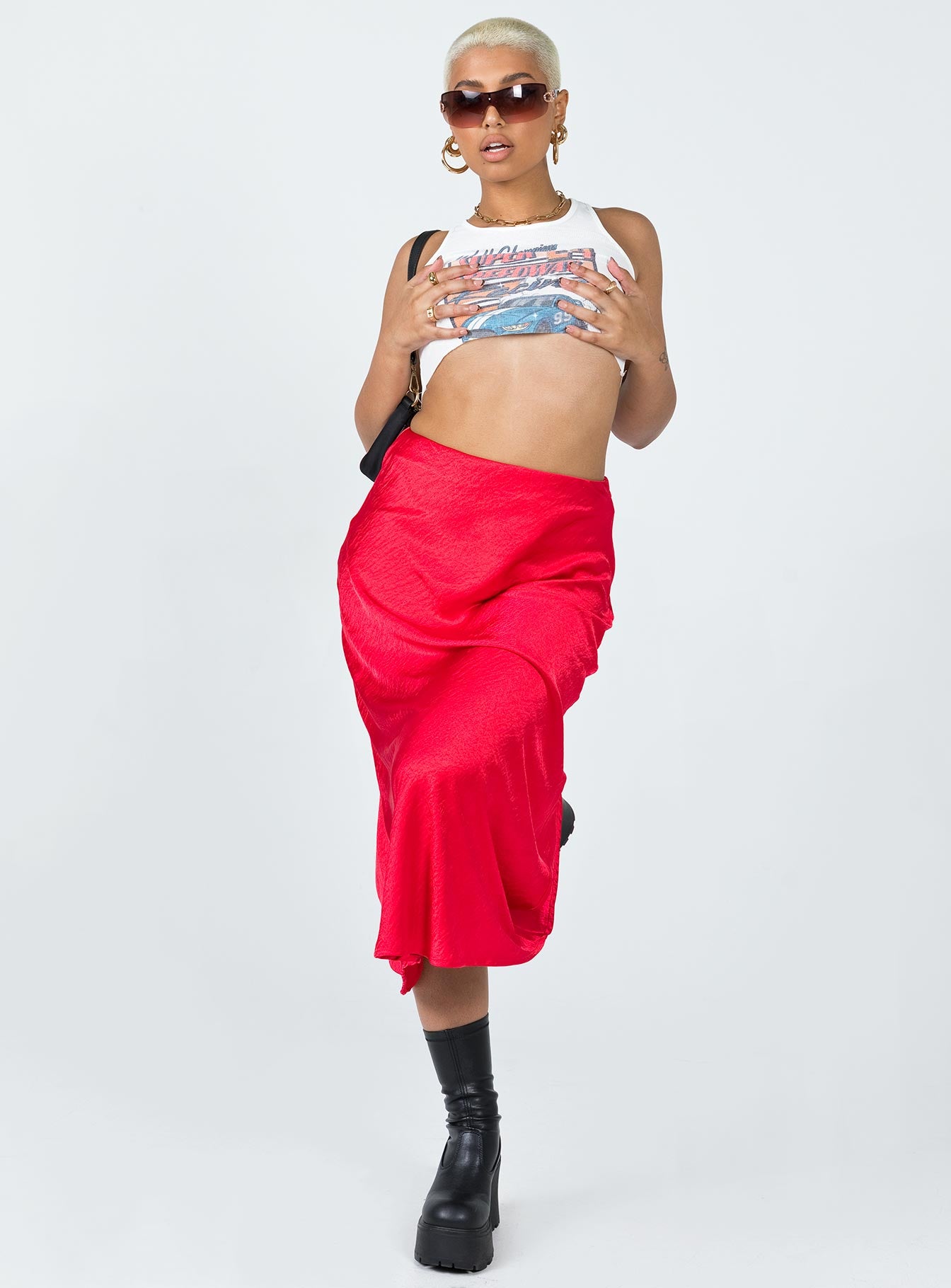   front view of model wearing Princess Polly Tyra Satin Midi Skirt Red Midi Skirts 