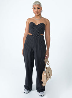 Matching set Pinstripe print  Strapless corset top  Wired cups  Boning throughout  Inner silicone strip at bust  Zip fastening at back  High waisted pants  Zip & button fastening  Wide leg  Non-stretch Lined top 