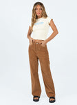 Front view of model wearing  front Princess Polly High Waisted  Kalinda Jeans Tan Cord