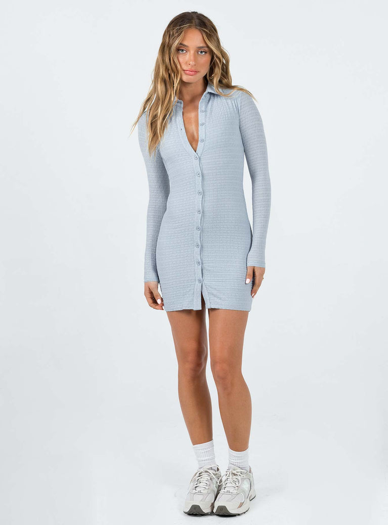 Front view of model wearing  front Princess Polly High Neck  Dalloway Long Sleeve Mini Dress Blue