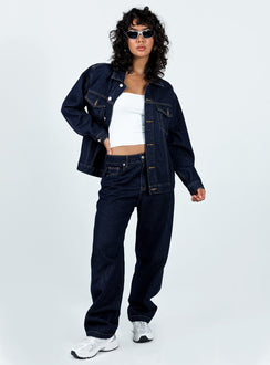 Jacket Dark wash denim Classic collar Button fastening at front Twin chest pockets Single button cuff