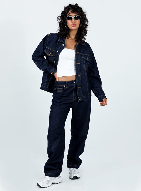 Jacket Dark wash denim Classic collar Button fastening at front Twin chest pockets Single button cuff