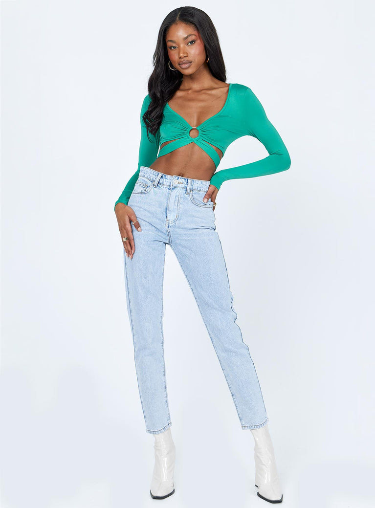 front view of model wearing Princess Polly Khalil Long Sleeve Top Teal 