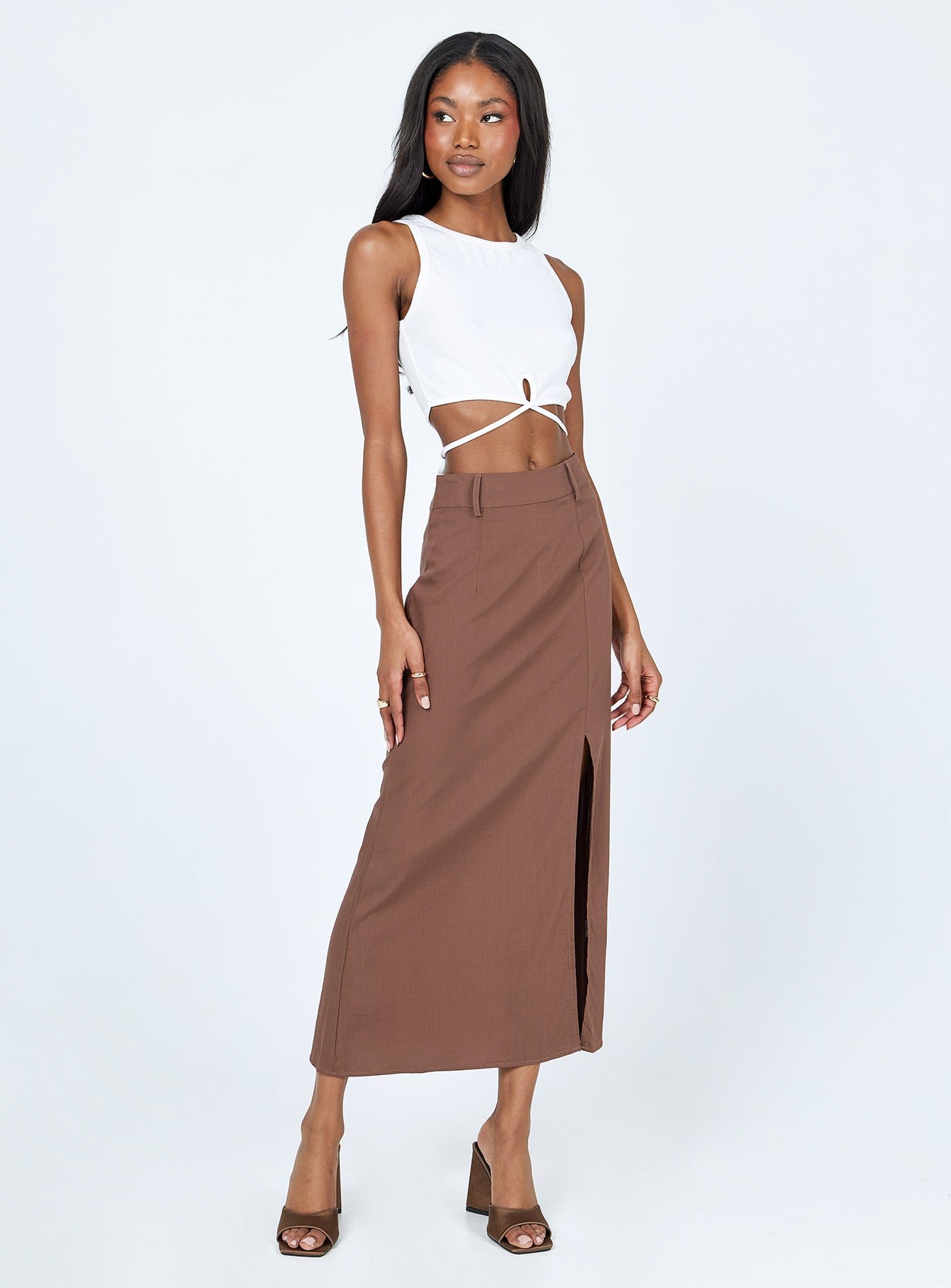  front view of model wearing Princess Polly Siana Maxi Skirt Brown 