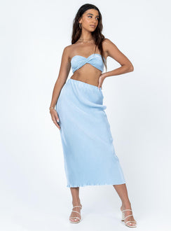 Matching set Silky material  Pleated design  Strapless top  Twisted bust  Midi skirt  Elasticated waistband  Lettuce edge hem 