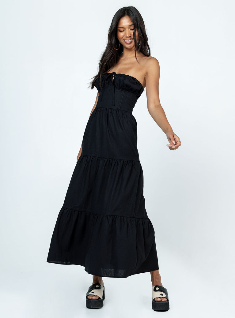 Front view of model wearing  front Princess Polly Asymmetric Neckline  Alexa Maxi Dress Black