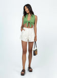 Shorts High waisted  Zip & button front fastening  Belt looped waist  Pleated waist  Twin hip pockets 