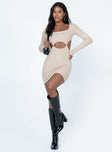 front view of model wearing Princess Polly Zolia Long Sleeve Mini Dress Beige Square Neck 