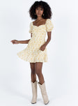 Front view of model wearing  front Princess Polly High Neck  Kaori Mini Dress Yellow Floral