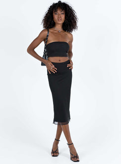 Black matching set Mesh material Strapless top Inner silicone trip at bust Maxi skirt Thin elasticated waistband Lettuce edge hem