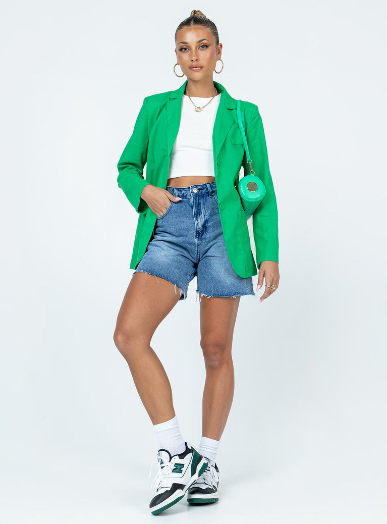 Green blazer Lapel collar Button front fastening Twin hip pockets Faux chest pocket Padded shoulders