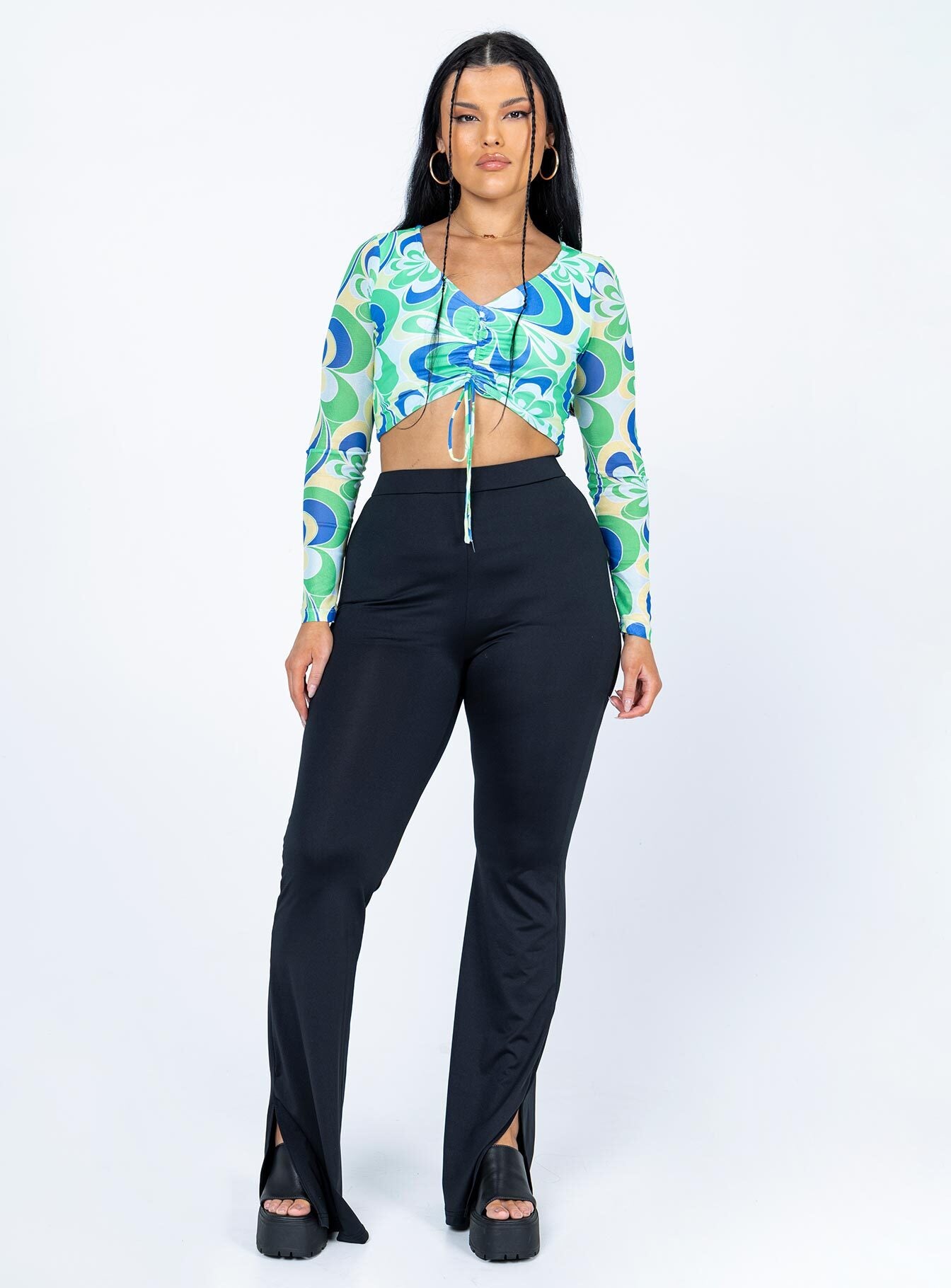 back view of model wearing Princess Polly Wallace Long Sleeve Top Green / Blue 