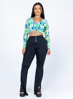 back view of model wearing Princess Polly Wallace Long Sleeve Top Green / Blue 