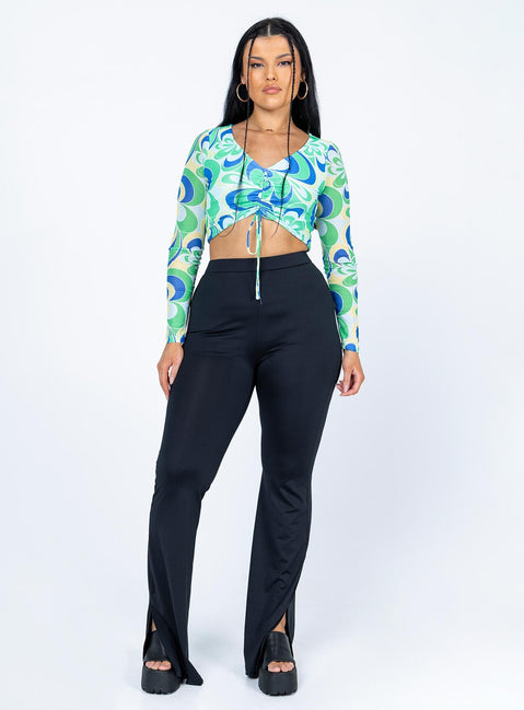 back view of model wearing Princess Polly Wallace Long Sleeve Top Green / Blue 