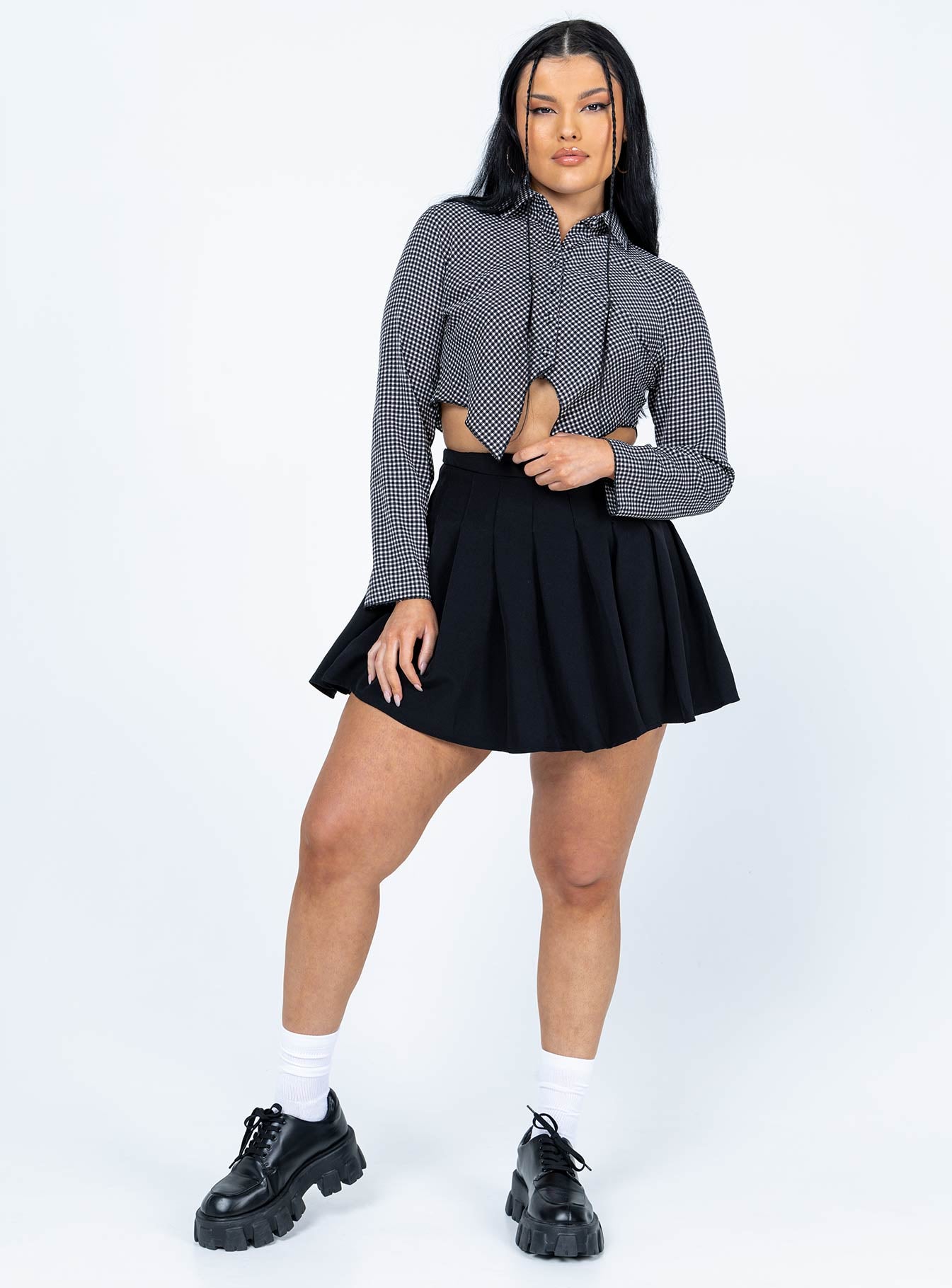 front view of model wearing Princess Polly Nina Long Sleeve Top Black 