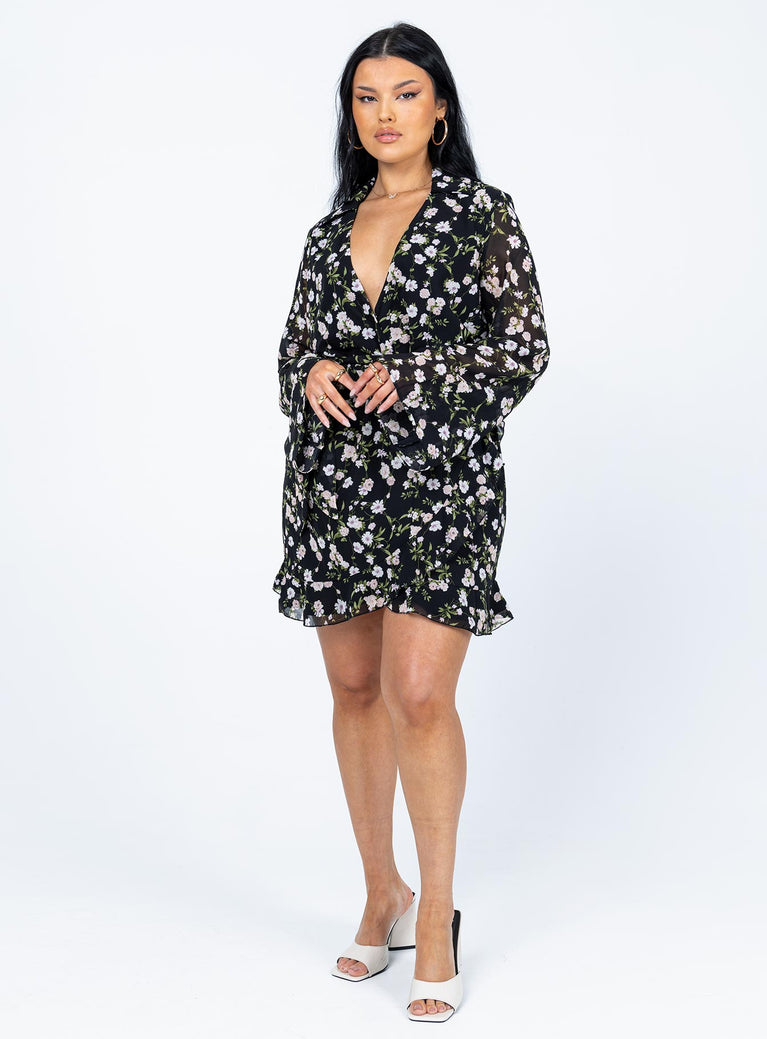 front view of model wearing Princess Polly Marty Long Sleeve Mini Dress Black Floral 