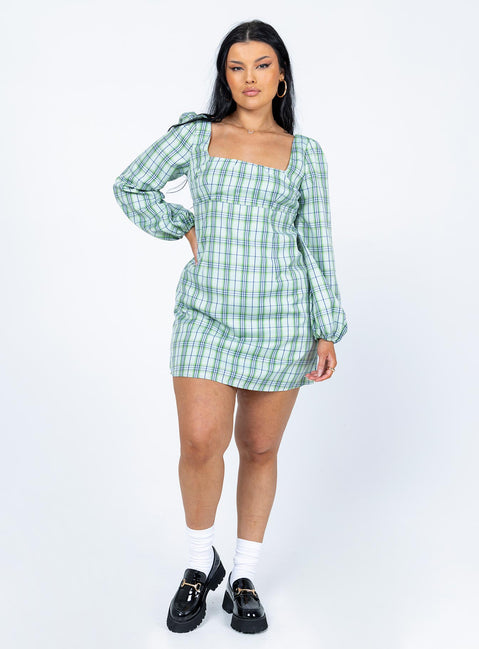 front view of model wearing Princess Polly Hastings Long Sleeve Mini Dress Green Check 