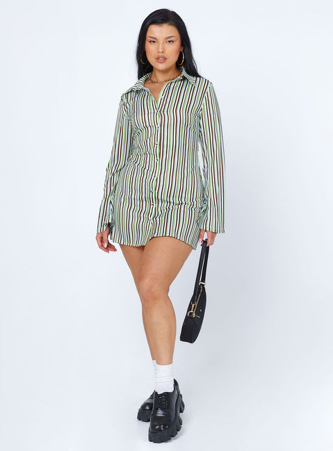 back view of model wearing Princess Polly Anni Stripe Mini Dress Green Multi 