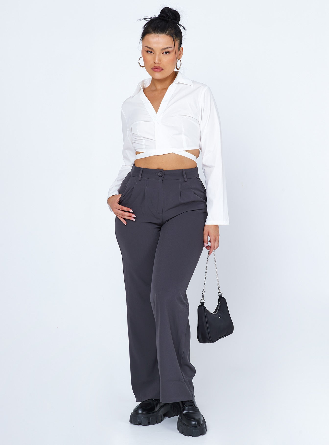 front view of model wearing Princess Polly Philipa Long Sleeve Top White 