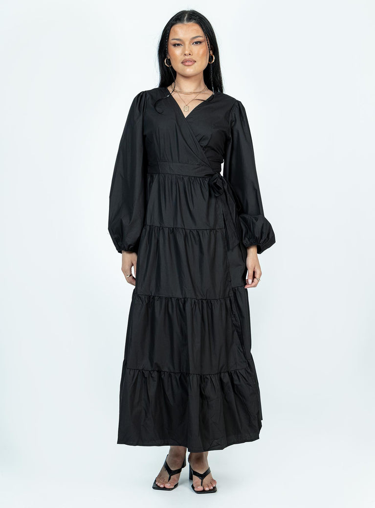 Front view of model wearing  front Princess Polly V-Neck  Helima Maxi Dress Black