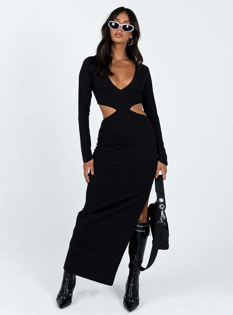 Front view of model wearing  front Princess Polly High Neck  Ayda Maxi Dress Black