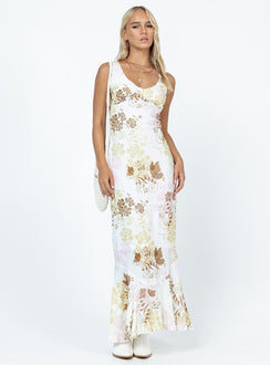 Front view of model wearing  front Princess Polly Crew Neck  Cisco Maxi Dress White Multi