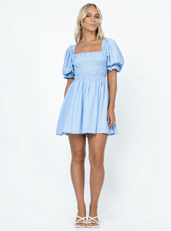 Front view of model wearing  front Princess Polly Crew Neck  Dani Mini Dress Blue