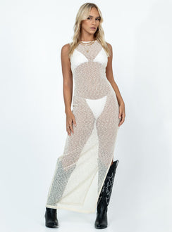 Front view of model wearing  front Princess Polly High Neck  Performer Knit Maxi Dress Cream