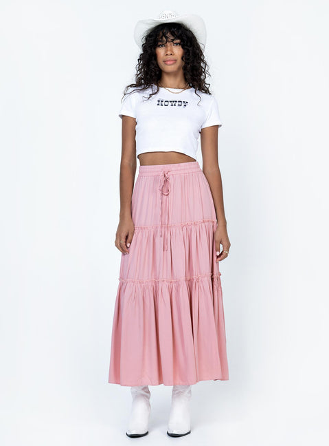 Front view of model wearing  front Tammie Maxi Skirt Pink Princess Polly  Midi Skirts 