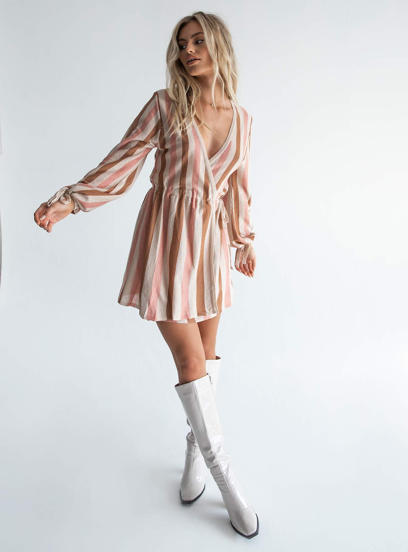 front view of model wearing Princess Polly Chiara Mini Dress Beige Multi 