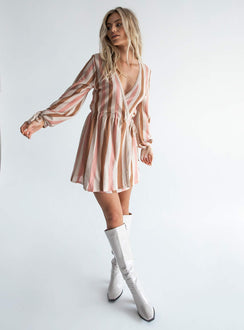 front view of model wearing Princess Polly Chiara Mini Dress Beige Multi 
