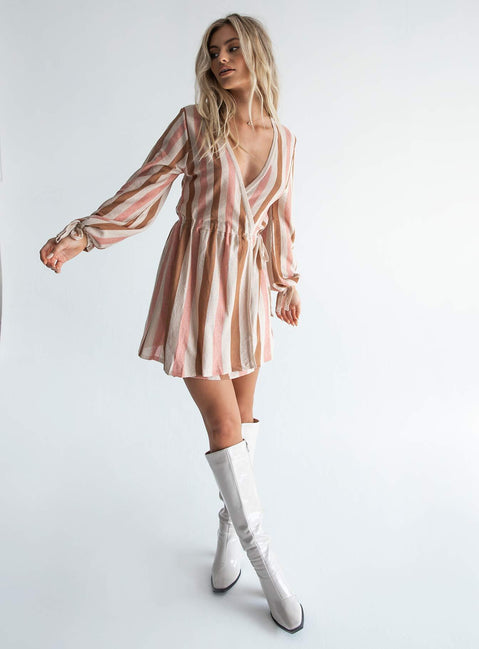 front view of model wearing Princess Polly Chiara Mini Dress Beige Multi 