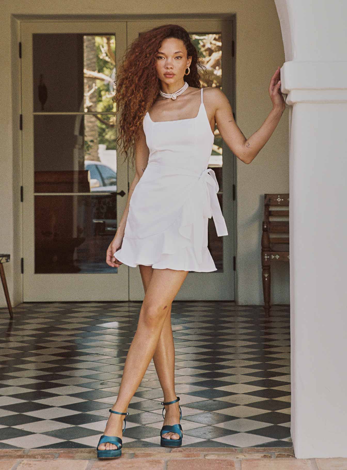 Front view of model wearing  front Princess Polly High Neck  Cottage Hill Mini Dress White Satin