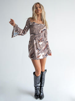 front view of model wearing Princess Polly Corban Mini Dress Brown 