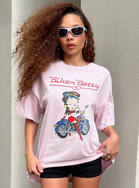 Front view of model wearing  front Princess Polly Half Sleeves Crew Neck  Betty Boop Oversized Biker Tee Pink