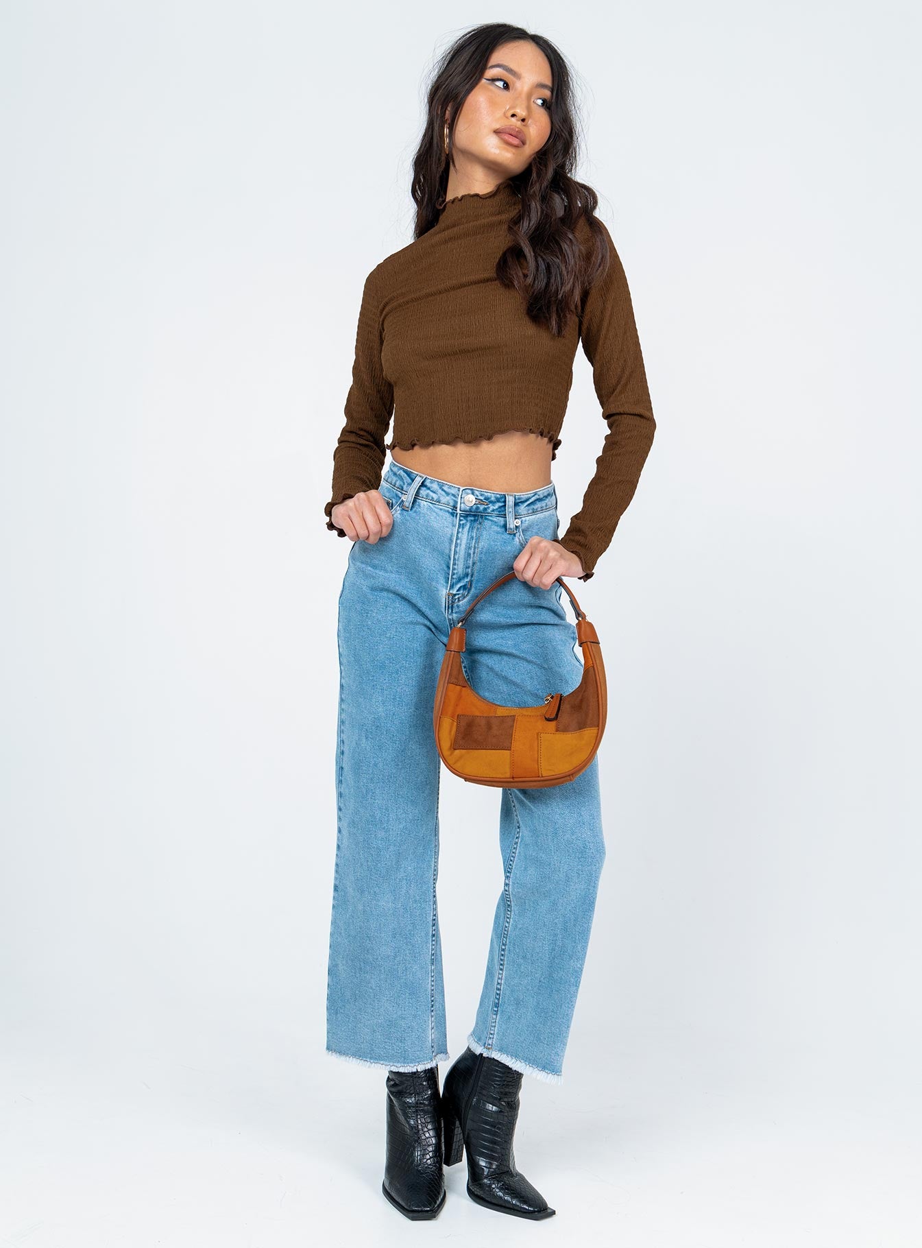 front view of model wearing Princess Polly Kressley Top Brown 