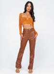 front view of model wearing Princess Polly Perama PU Pants Brown 