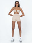 Matching set Soft knit material  Strapless crop top  Ring detail at bust  High waisted shorts  Elasticated waistband  Fitted at leg 