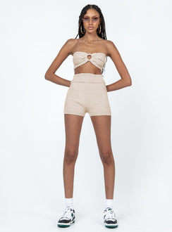 Matching set Soft knit material  Strapless crop top  Ring detail at bust  High waisted shorts  Elasticated waistband  Fitted at leg 