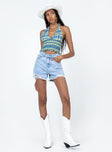 Shorts  100% cotton Light wash denim  High waisted  Zip & button fastening  Belt looped waist  Classic five-pocket design  Princess Polly badge on back Distressed rips throughout  Frayed hem 
